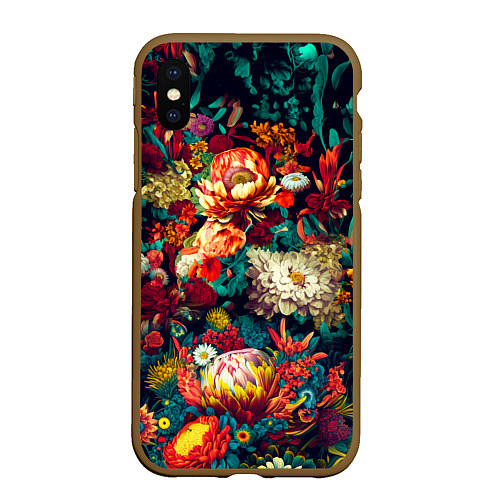 Чехол iPhone XS Max матовый Цветочный паттерн с цветами и листьями / 3D-Коричневый – фото 1