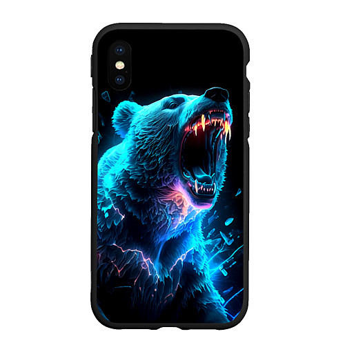 Чехол iPhone XS Max матовый Неоновый медведь с горящими клыками / 3D-Черный – фото 1
