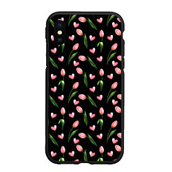 Чехол iPhone XS Max матовый Тюльпаны и сердечки на черном - паттерн