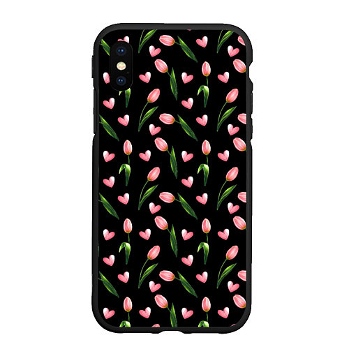 Чехол iPhone XS Max матовый Тюльпаны и сердечки на черном - паттерн / 3D-Черный – фото 1