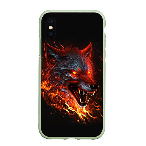 Чехол iPhone XS Max матовый Огненный злой волк с красными глазами / 3D-Салатовый – фото 1