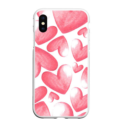 Чехол iPhone XS Max матовый Розовые акварельные сердца - паттерн / 3D-Белый – фото 1