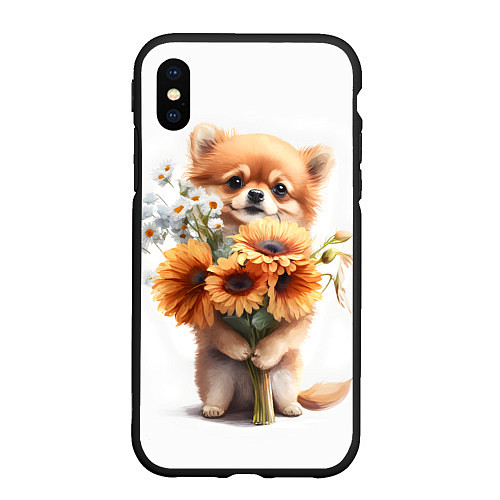Чехол iPhone XS Max матовый Милый щенок с подсолнухами и ромашками / 3D-Черный – фото 1