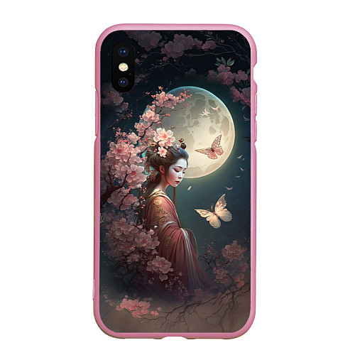 Чехол iPhone XS Max матовый Девушка в сакуре под луной / 3D-Розовый – фото 1