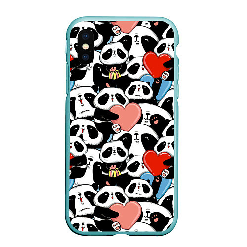 Чехол iPhone XS Max матовый Панды с сердечками / 3D-Мятный – фото 1