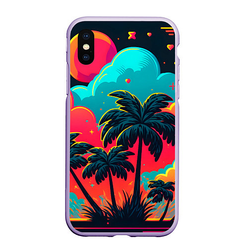 Чехол iPhone XS Max матовый Неоновые пальмы на закате / 3D-Светло-сиреневый – фото 1