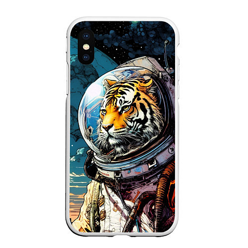 Чехол iPhone XS Max матовый Тигр космонавт на далекой планете / 3D-Белый – фото 1