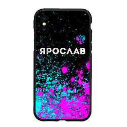 Чехол iPhone XS Max матовый Ярослав и неоновый герб России: символ сверху, цвет: 3D-черный