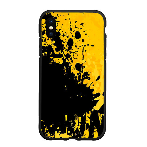 Чехол iPhone XS Max матовый Пятна черной краски на желтом фоне / 3D-Черный – фото 1