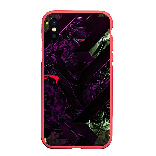 Чехол iPhone XS Max матовый Фиолетовая текстура с зелеными вставками / 3D-Красный – фото 1