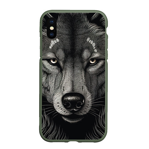 Чехол iPhone XS Max матовый Волк в стиле тату / 3D-Темно-зеленый – фото 1
