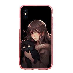 Чехол iPhone XS Max матовый Девушка с черным котенком, цвет: 3D-баблгам