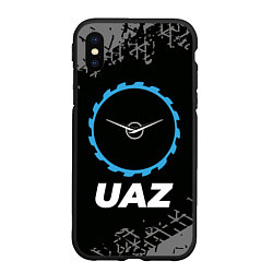 Чехол iPhone XS Max матовый UAZ в стиле Top Gear со следами шин на фоне