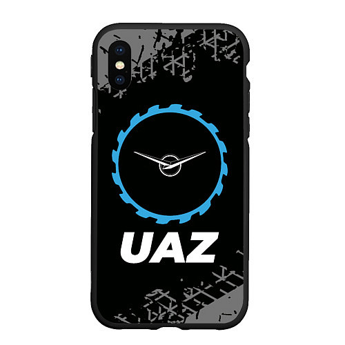 Чехол iPhone XS Max матовый UAZ в стиле Top Gear со следами шин на фоне / 3D-Черный – фото 1