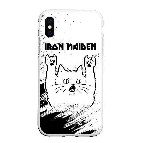 Чехол iPhone XS Max матовый Iron Maiden рок кот на светлом фоне / 3D-Белый – фото 1