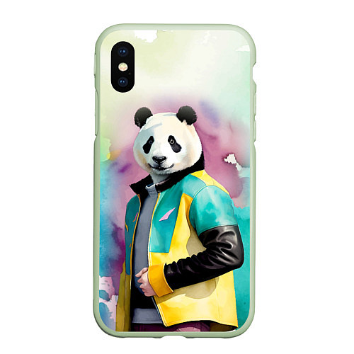 Чехол iPhone XS Max матовый Прикольный панда в модной куртке / 3D-Салатовый – фото 1