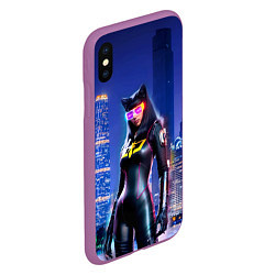 Чехол iPhone XS Max матовый Cat girl on the background of a megalopolis, цвет: 3D-фиолетовый — фото 2