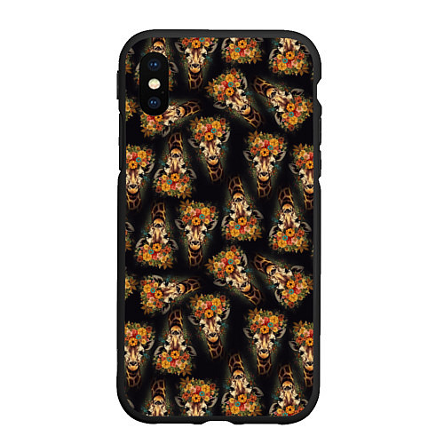 Чехол iPhone XS Max матовый Паттерн жираф с цветами: арт нейросети / 3D-Черный – фото 1