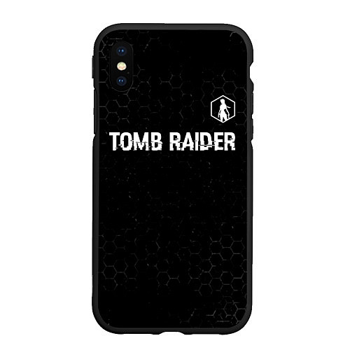 Чехол iPhone XS Max матовый Tomb Raider glitch на темном фоне: символ сверху / 3D-Черный – фото 1