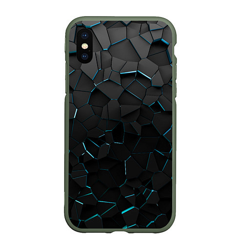 Чехол iPhone XS Max матовый Плиты с синей неоновой подсветкой / 3D-Темно-зеленый – фото 1