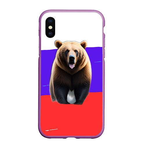 Чехол iPhone XS Max матовый Медведь на флаге / 3D-Фиолетовый – фото 1