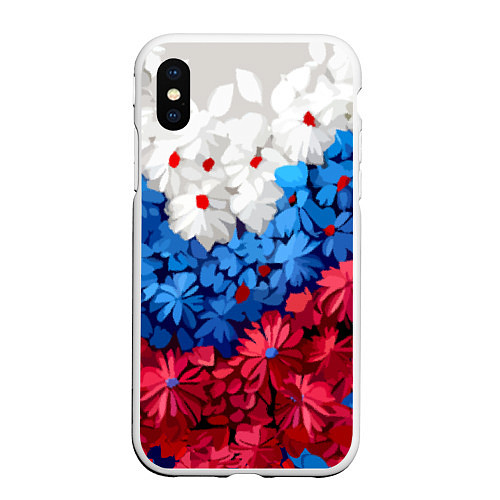 Чехол iPhone XS Max матовый Флаг РФ из цветов / 3D-Белый – фото 1