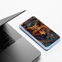 Чехол iPhone XS Max матовый Морда лисы на фрактальных узорах, цвет: 3D-голубой — фото 2