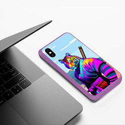 Чехол iPhone XS Max матовый Тигр-самурай - Япония, цвет: 3D-фиолетовый — фото 2