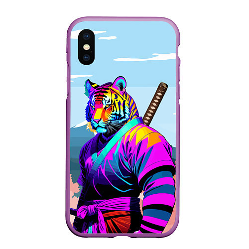 Чехол iPhone XS Max матовый Тигр-самурай - Япония / 3D-Фиолетовый – фото 1
