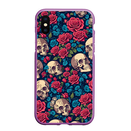 Чехол iPhone XS Max матовый Черепа и красные розы / 3D-Фиолетовый – фото 1