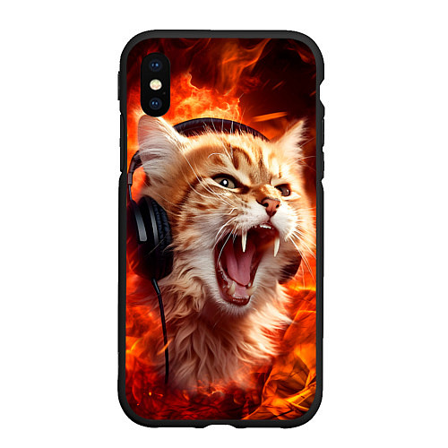 Чехол iPhone XS Max матовый Кот пламенный меломан / 3D-Черный – фото 1