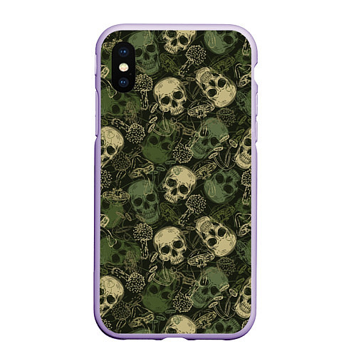 Чехол iPhone XS Max матовый Камуфляж с черепами и грибами / 3D-Светло-сиреневый – фото 1