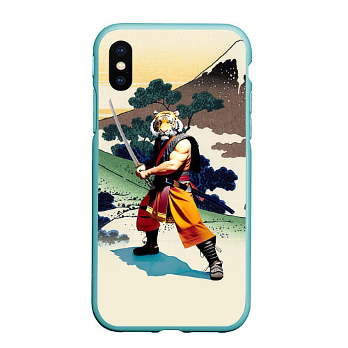 Чехол iPhone XS Max матовый Tiger samurai - Japan - neural network / 3D-Мятный – фото 1