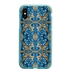 Чехол iPhone XS Max матовый Сине-золотой цветочный узор