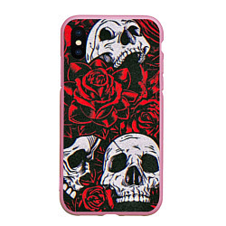 Чехол iPhone XS Max матовый Красные розы и черепа, цвет: 3D-розовый