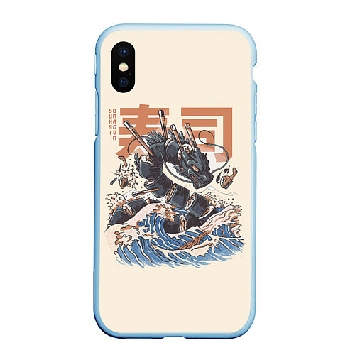 Чехол iPhone XS Max матовый Суши дракон с иероглифами в японском стиле / 3D-Голубой – фото 1