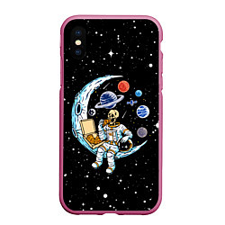 Чехол iPhone XS Max матовый Skeleton astronaut eats pizza while sitting on the, цвет: 3D-малиновый