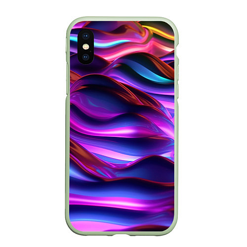 Чехол iPhone XS Max матовый Неоновые синие и фиолетовые волны / 3D-Салатовый – фото 1