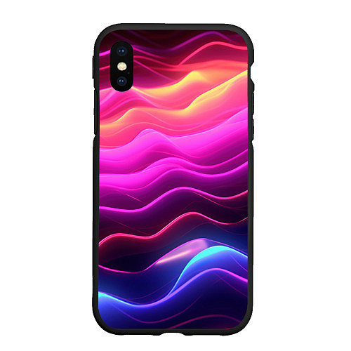 Чехол iPhone XS Max матовый Розовые и фиолетовые неоновые волны / 3D-Черный – фото 1