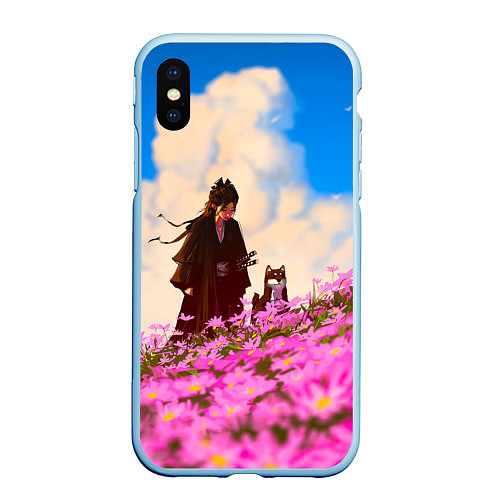 Чехол iPhone XS Max матовый Девушка самурай и сиба ину / 3D-Голубой – фото 1