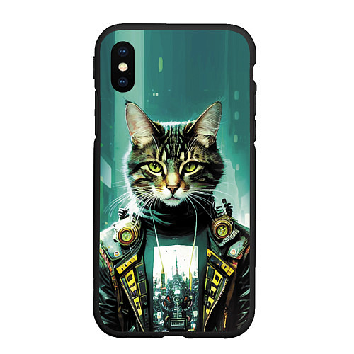Чехол iPhone XS Max матовый Funny cat on the background of skyscrapers / 3D-Черный – фото 1