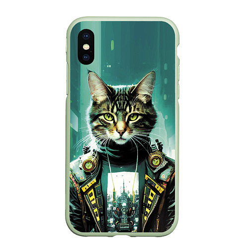 Чехол iPhone XS Max матовый Funny cat on the background of skyscrapers / 3D-Салатовый – фото 1