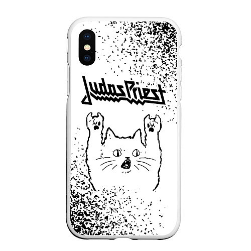 Чехол iPhone XS Max матовый Judas Priest рок кот на светлом фоне / 3D-Белый – фото 1