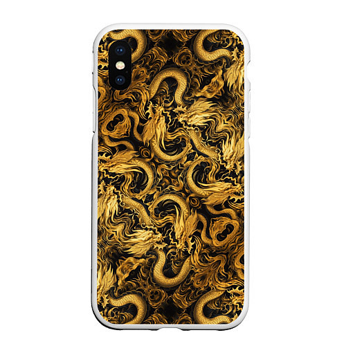 Чехол iPhone XS Max матовый Золотые китайские драконы / 3D-Белый – фото 1