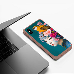 Чехол iPhone XS Max матовый Японка с птицей на фоне цветущей сакуры, цвет: 3D-коричневый — фото 2