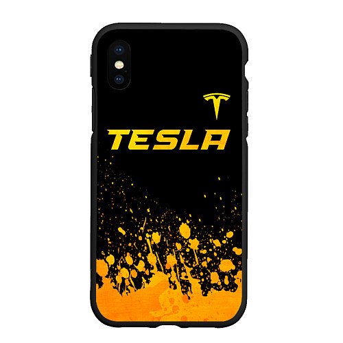 Чехол iPhone XS Max матовый Tesla - gold gradient: символ сверху / 3D-Черный – фото 1