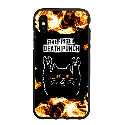 Чехол iPhone XS Max матовый Five Finger Death Punch рок кот и огонь / 3D-Черный – фото 1