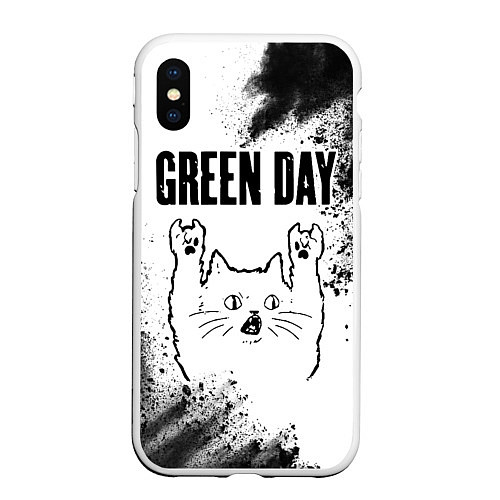 Чехол iPhone XS Max матовый Green Day рок кот на светлом фоне / 3D-Белый – фото 1