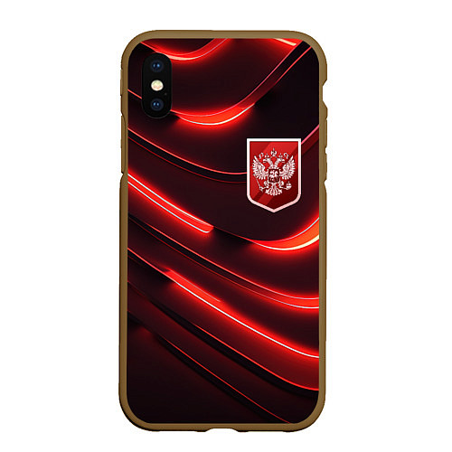 Чехол iPhone XS Max матовый Красный неоновый герб России / 3D-Коричневый – фото 1