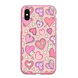 Чехол iPhone XS Max матовый Many many hearts, цвет: 3D-розовый